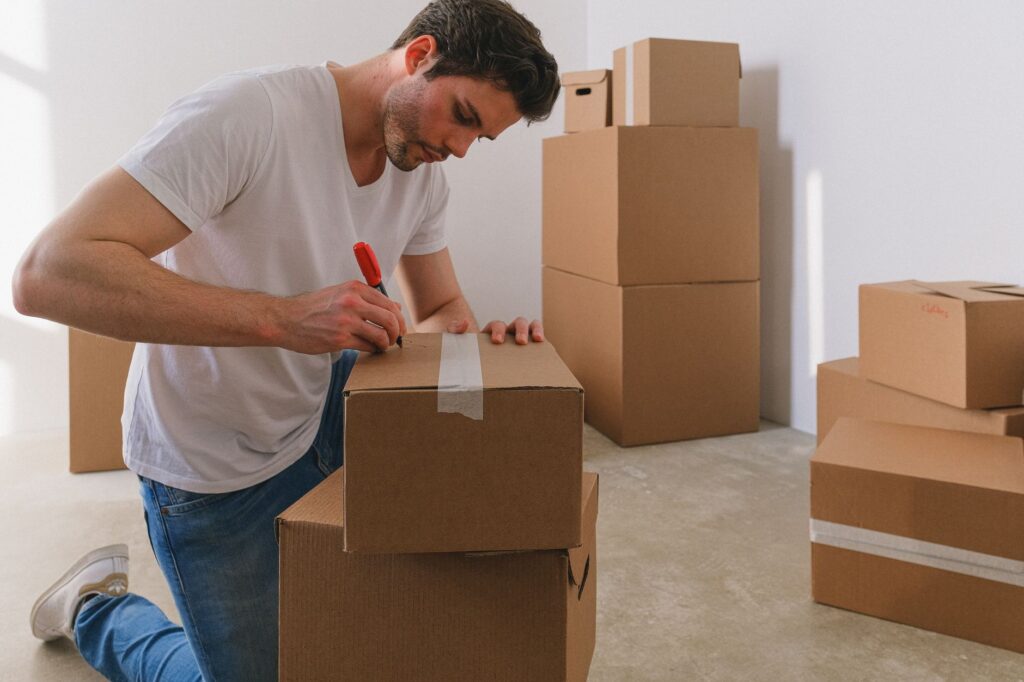 Man kneeling beside stacked, labeled cardboard moving boxes in an empty apartment room, preparing for a move.