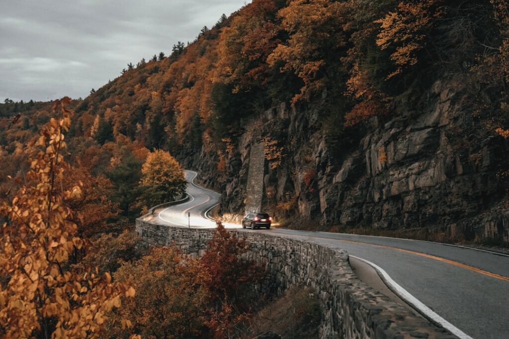 Winding scenic road through autumn foliage in the Hudson Valley, New York — representing local moves across Dutchess County. Photo by Clay Banks.